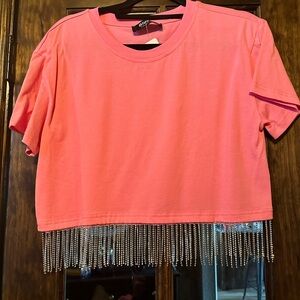 Pink crop top tee with rhinestone fringe